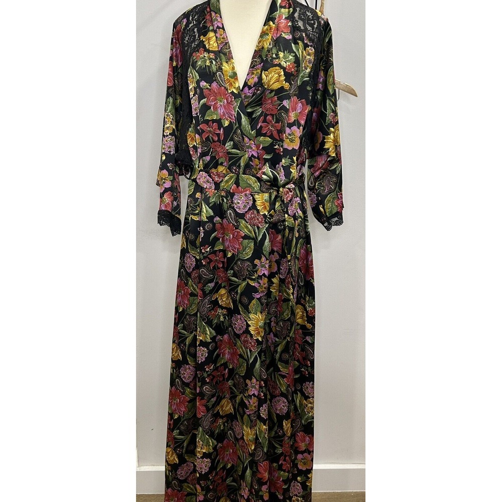 Vintage VANITY FAIR Small KIMONO Wrap ROBE Long Black TROPICAL FLORAL Nylon USA - Picture 1 of 10